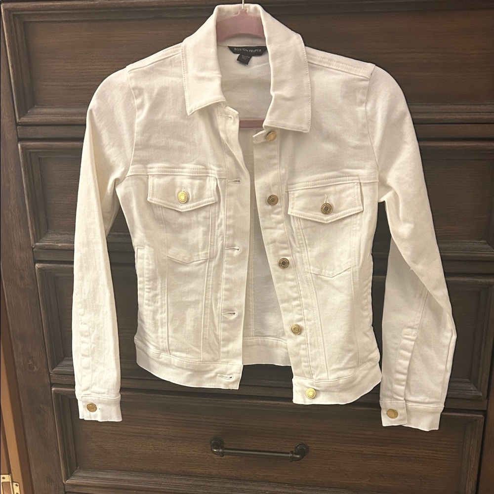 Boston Proper White Jean Jacket with Gold Accents